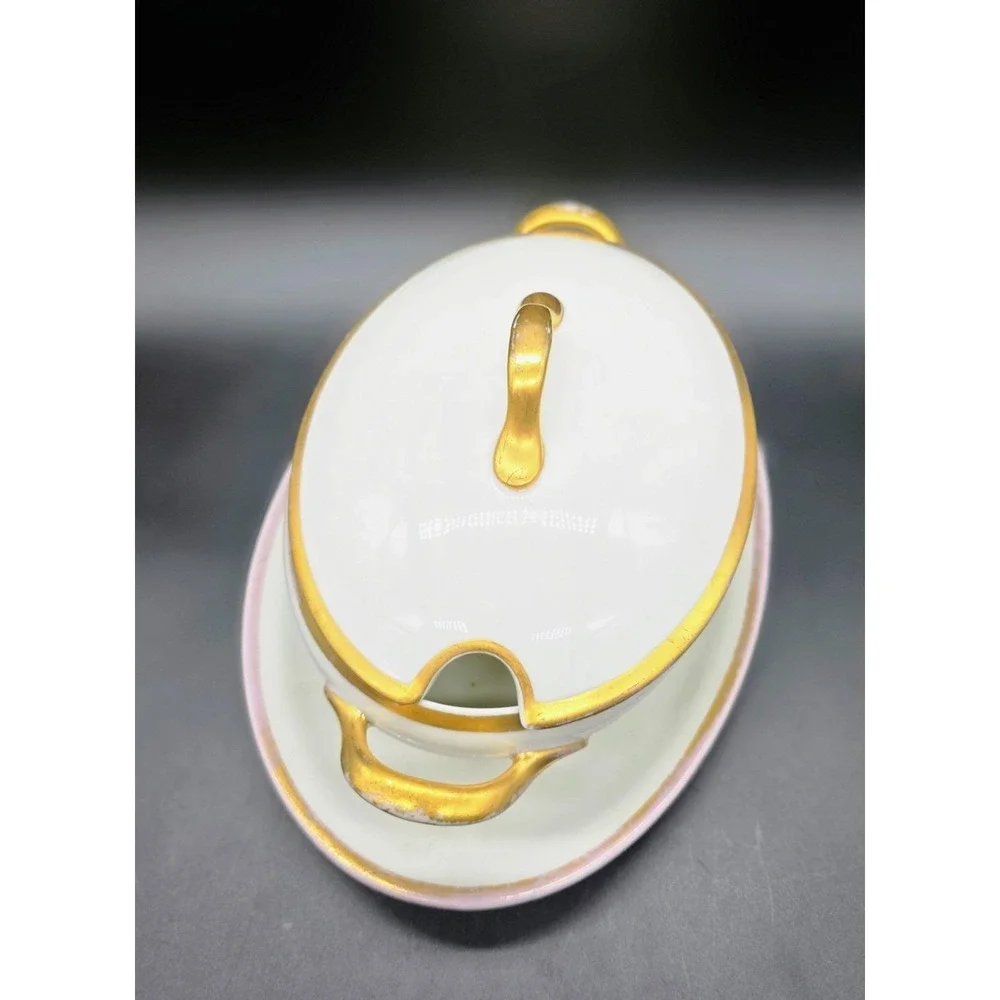 Antique UC Limoges Lidded Sauce Gravy Boat W Attached Underplate 9